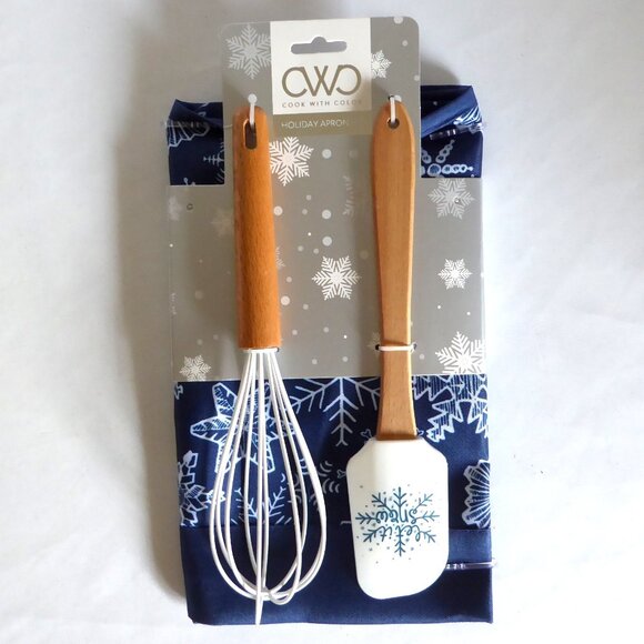 COOK WITH COLOR HOLIDAY SNOWFLAKE APRON WOOD HANDLED SPATULA WHISK SET (NEW) - Picture 1 of 8